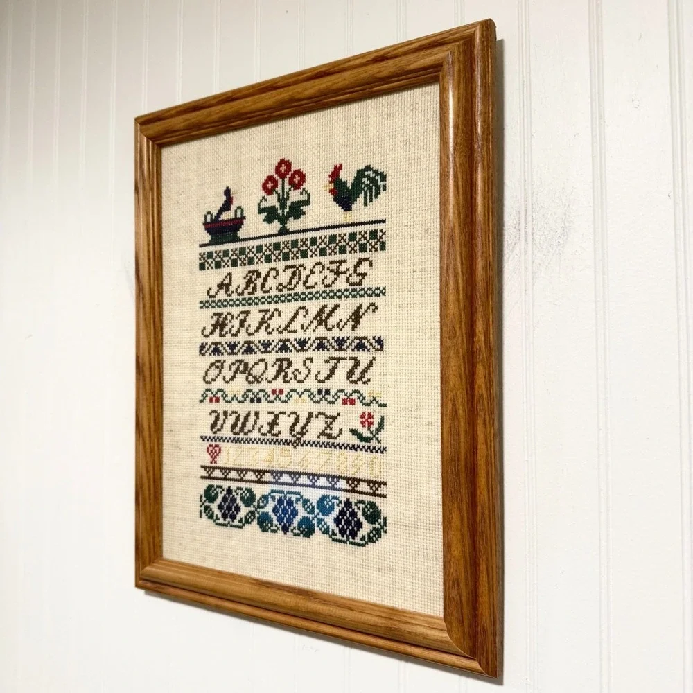 Vintage Framed Folk Art Cross Stitch Alphabet Sampler Hen & Rooster Floral 14x11